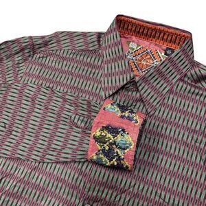 Robert Graham Dress Shirt Men‎ L Purple Green Geo Abstract Flip Cuff Button Up